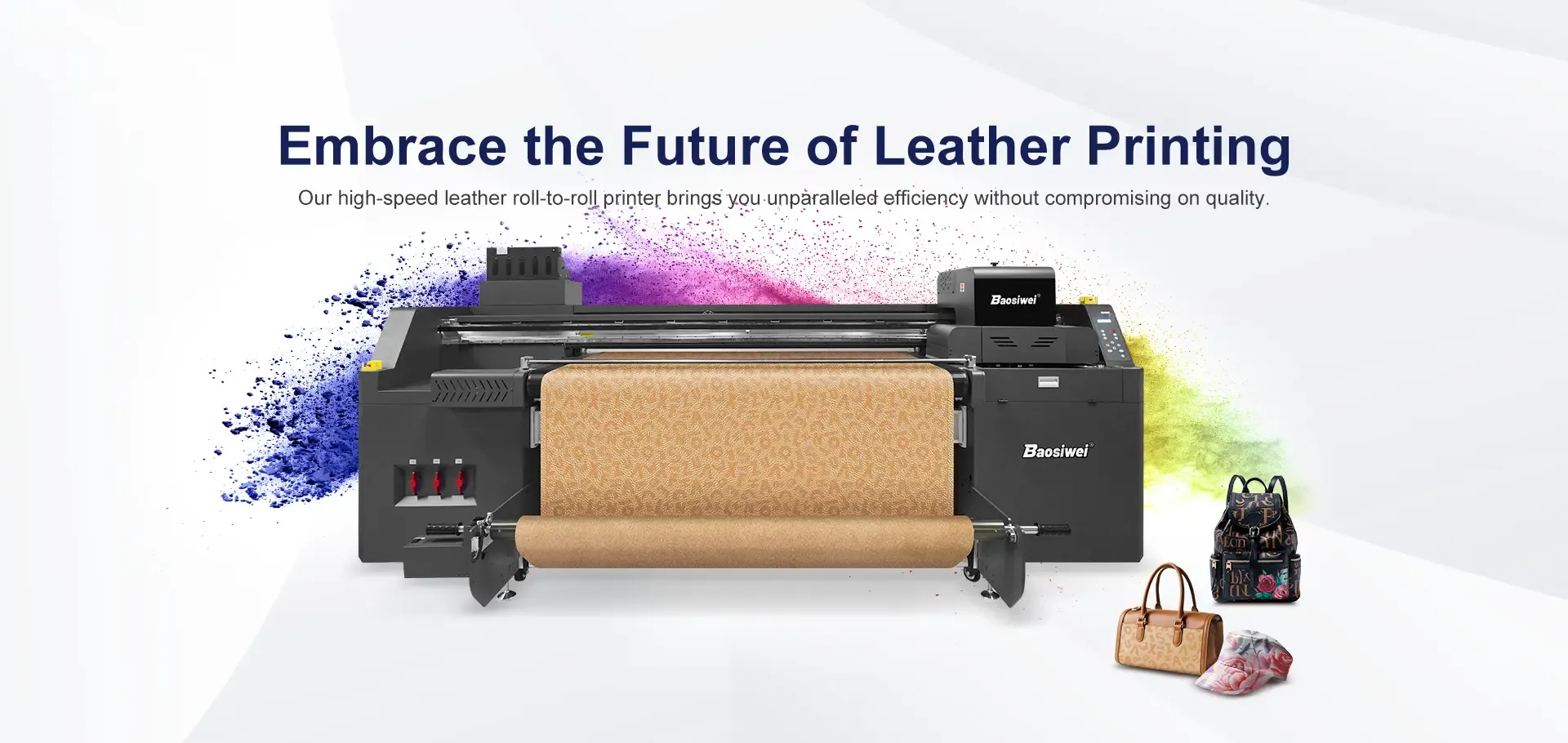 Baosiwei JW-1908 UV hybrid printer printing high-speed leather roll materials with alphabet texture patterns, alongside finished samples such as handbags, backpacks, and hats; a high-efficiency and premium-quality leather digital printing solution