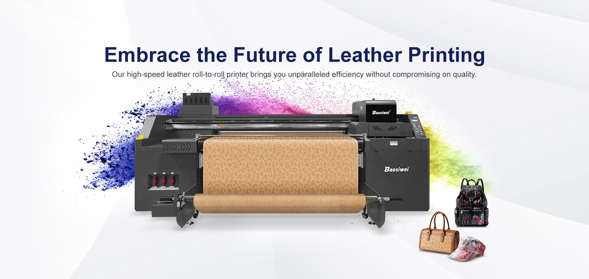 Baosiwei high-speed leather roll-to-roll digital printer for efficient and high-quality leather printing, ideal for bags, belts, and hats.