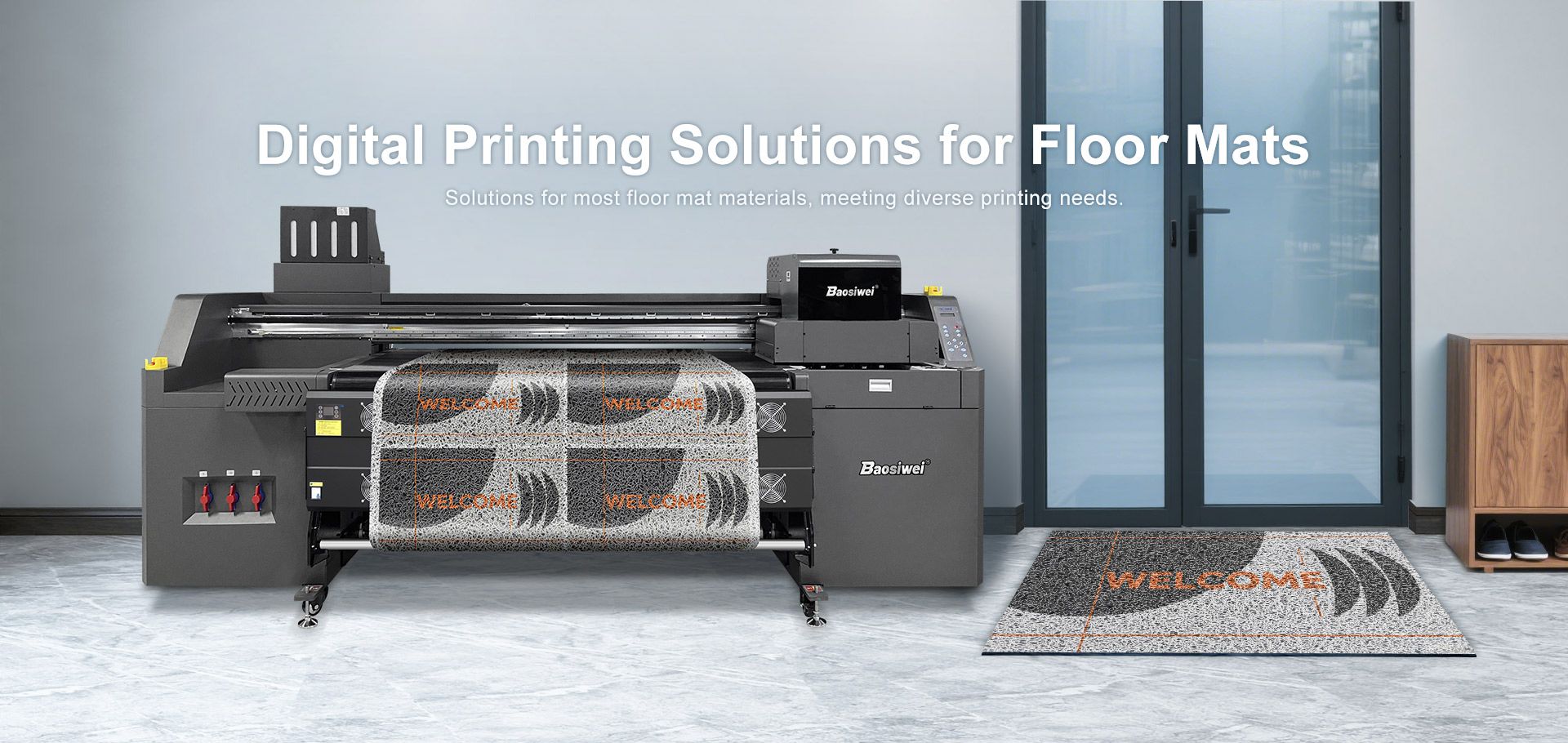 Baosiwei UV hybrid printer digital printing solution for floor mats, showing high-speed roll mat printing and finished floor mat samples.