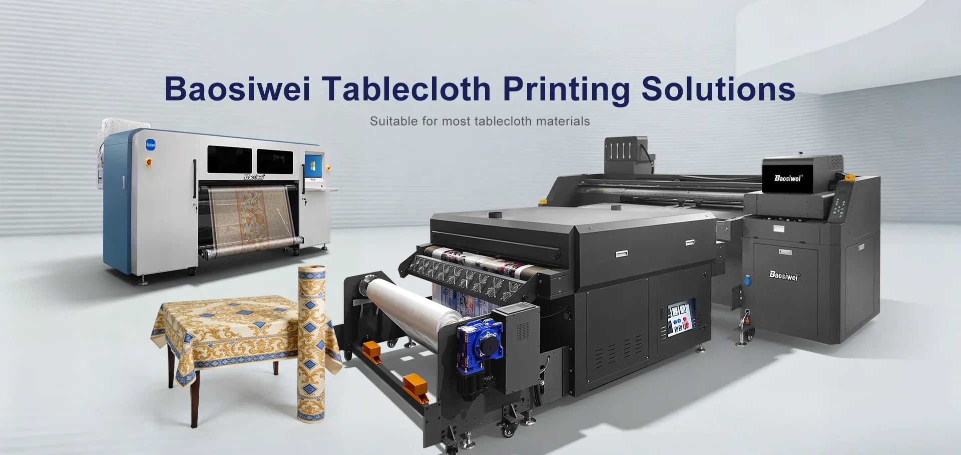 Promotional poster for "Baosiwei Tablecloth Printing Solutions", showcasing Baosiwei printing equipment (left: 16-head eco-solvent hybrid printer, right: 16-head PET film digital printer) and patterned tablecloth finished products