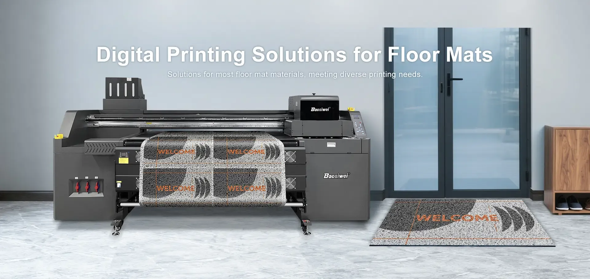 Baosiwei JW-1916 eco-solvent hybrid digital printer printing floor mat materials, with a finished floor mat displayed in an entryway scene; a versatile printing solution compatible with most floor mat materials