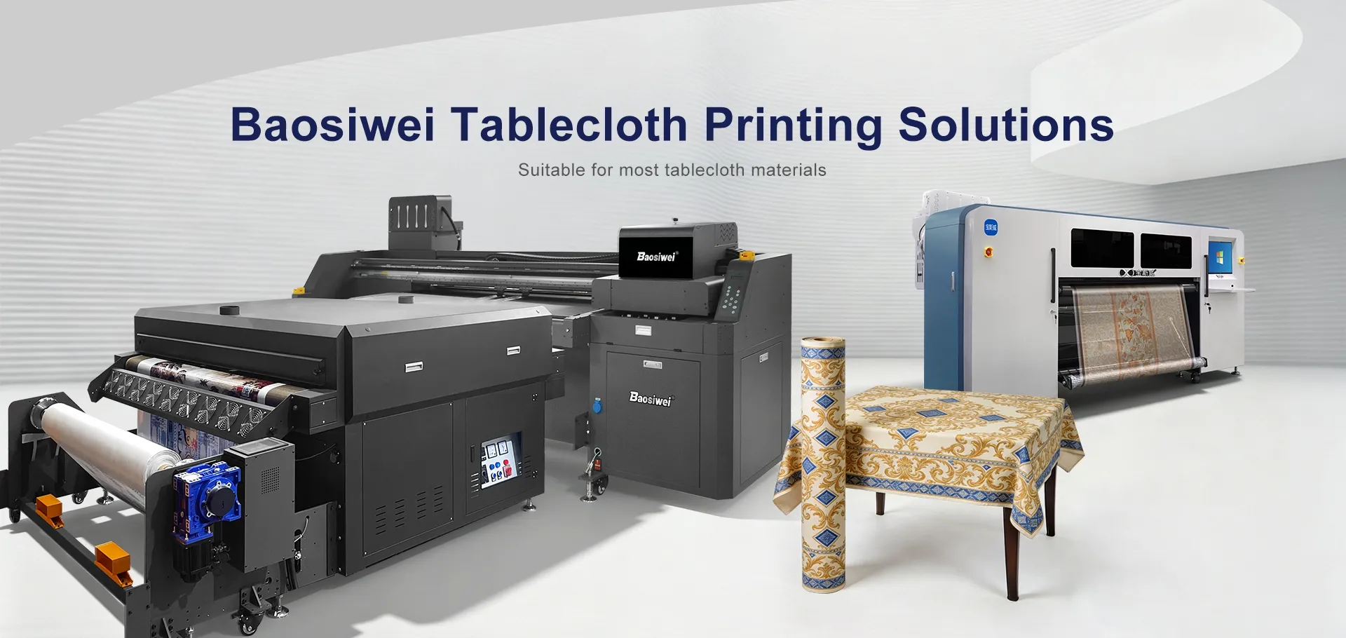 Promotional poster for "Baosiwei Tablecloth Printing Solutions", showcasing Baosiwei printing equipment (left: 16-head eco-solvent hybrid printer, right: 16-head PET film digital printer) and patterned tablecloth finished products