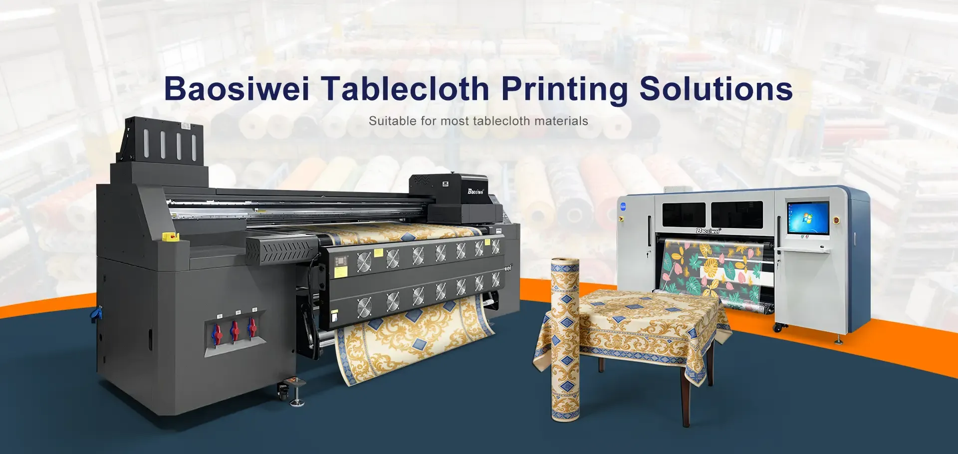Promotional poster for "Baosiwei Tablecloth Printing Solutions", showcasing Baosiwei printing equipment (left: 16-head eco-solvent hybrid printer, right: 16-head PET film digital printer) and patterned tablecloth finished products