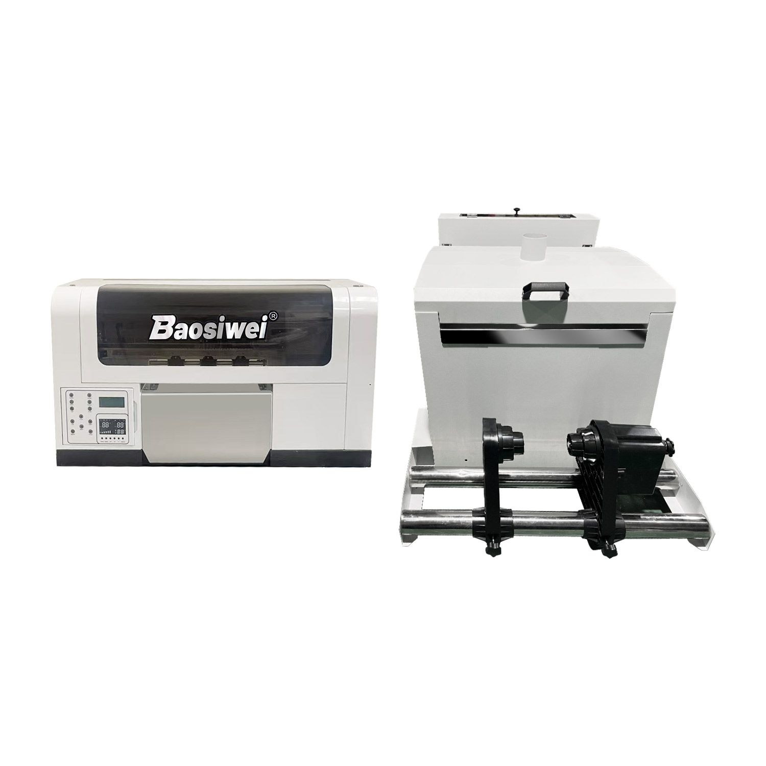 Front view of the Baosiwei A3 DTF Printer with 2pcs i3200-A1 printheads, featuring an all-in-one printing, powder shaking, and drying system.