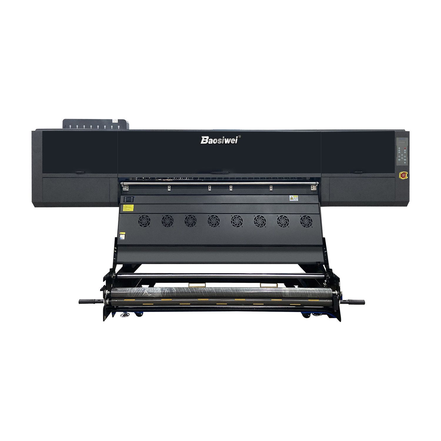 Front view of Baosiwei 16-Head High-Speed Dye Sublimation Printer showcasing upgraded industrial design with dual-row powerful drying system.