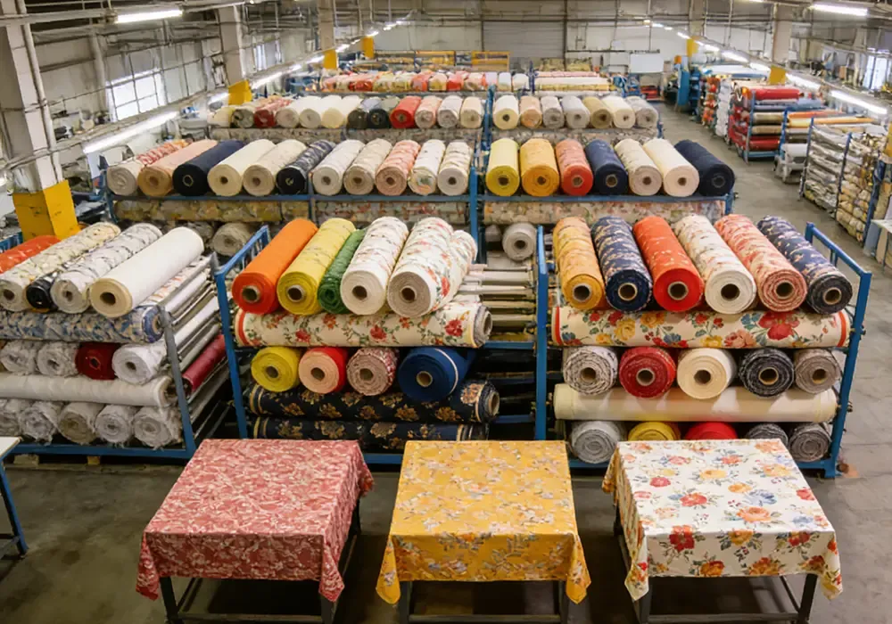 Baosiwei eco solvent direct printed tablecloth — floral pattern fabric rolls and finished tablecloths in factory warehouse showcasing localized digital production