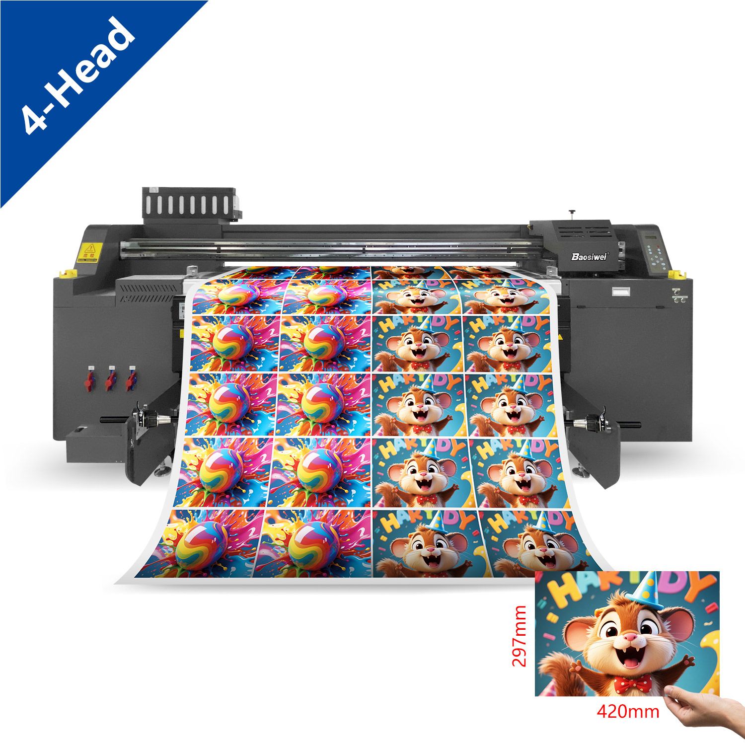 Baosiwei JW-1904ECO 4-head Eco Solvent Hybrid Printer printing vivid cartoon graphics, ideal for leather and related applications