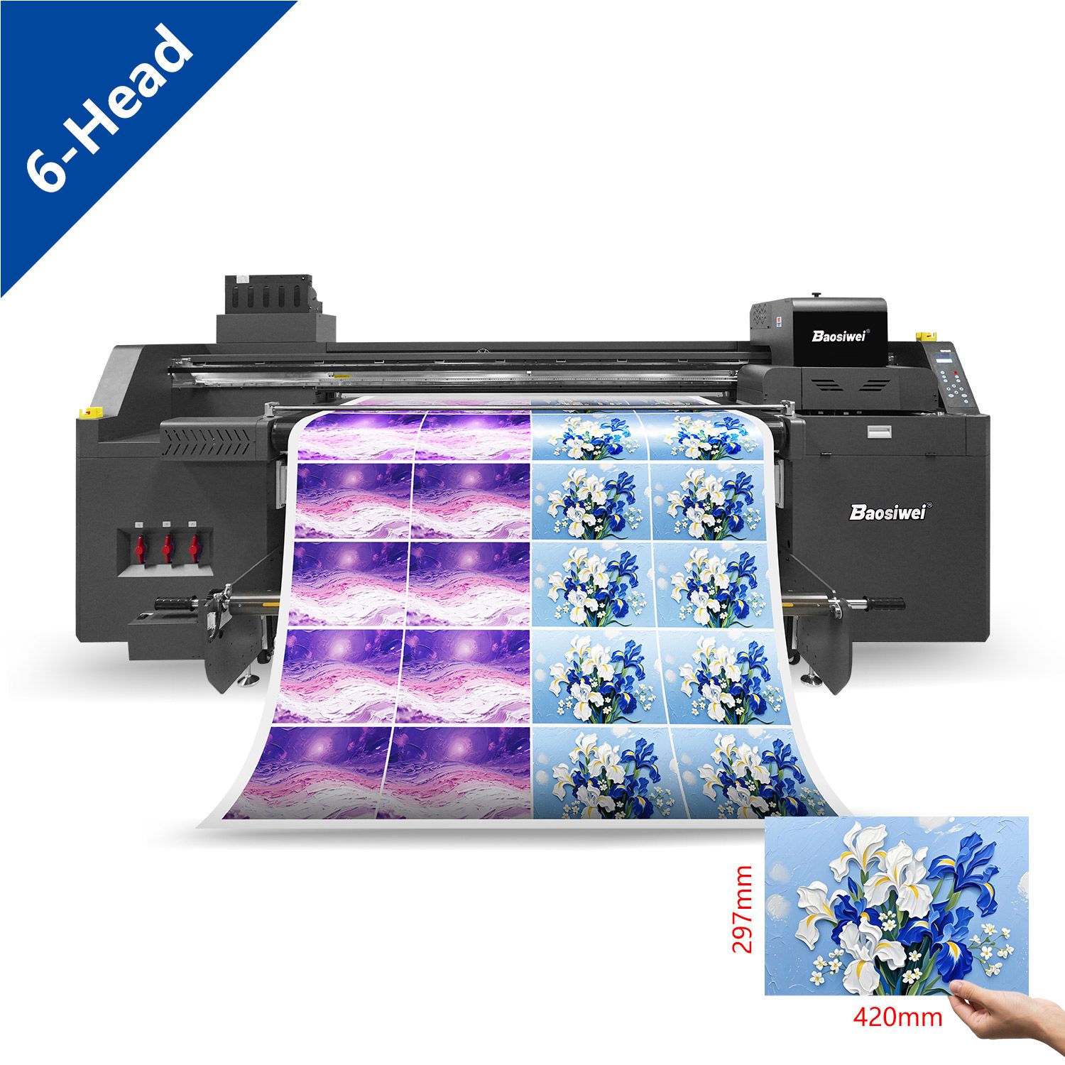 Baosiwei JW-1906UV 6-head UV Hybrid Printer producing embossed-style floral patterns, ideal for decorative and textured wall art printing
