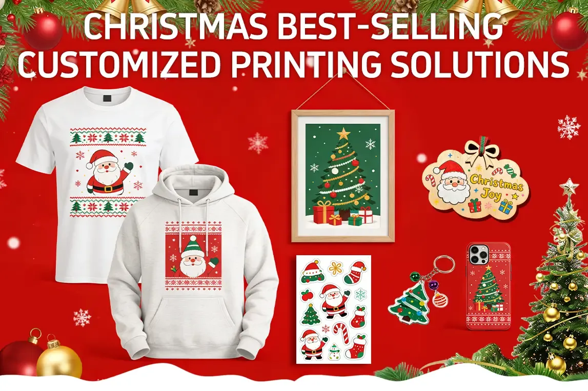 In ấn tùy chỉnh Giáng sinh: Áo thun, áo hoodie, thiệp và đồ trang trí với hình ông già Noel, cây thông và tuyết. Quà tặng cá nhân hóa ngày lễ.