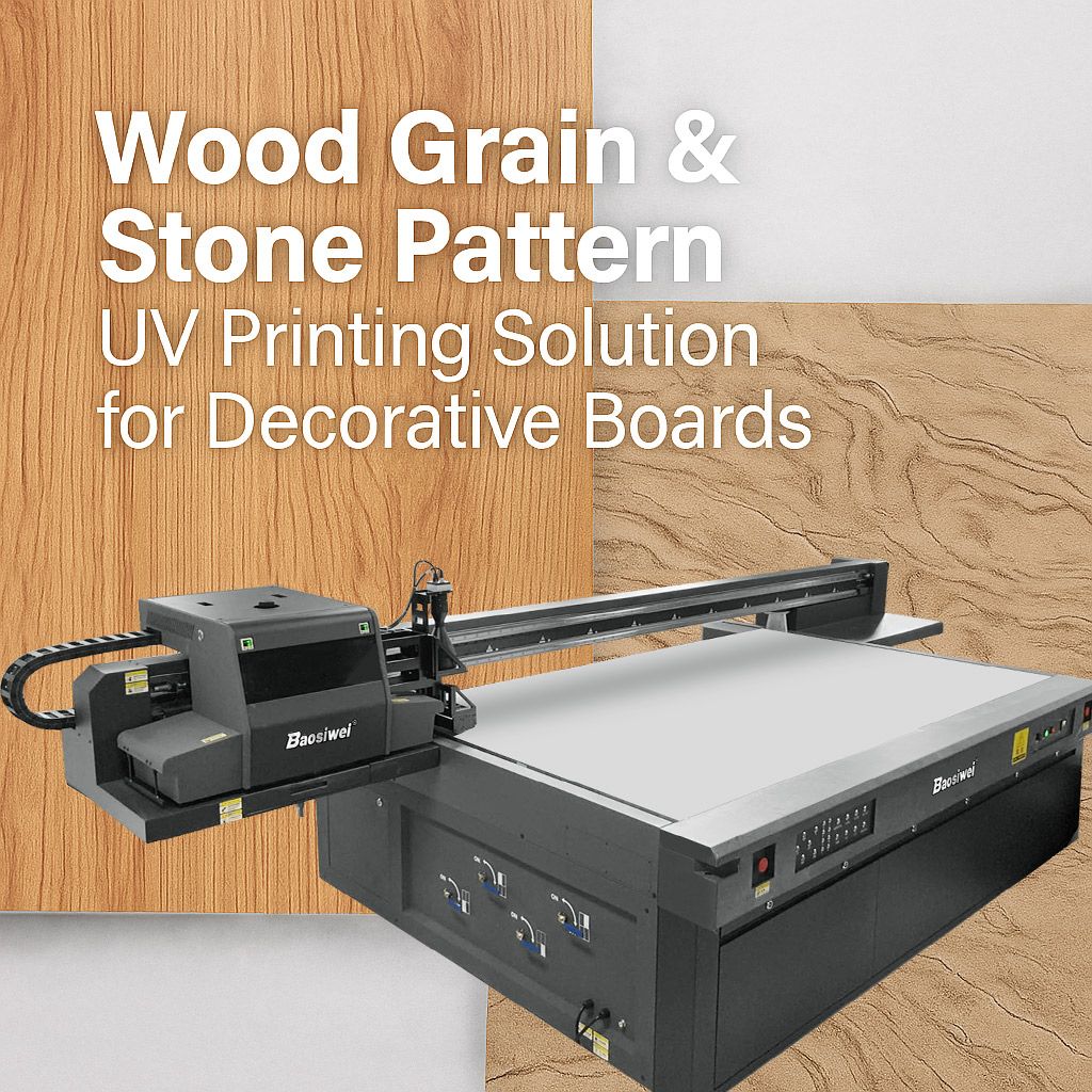 UV printing solution for wood grain and stone pattern effects on decorative boards, featuring the Baosiwei uv flatbed printer for high-precision surface printing.