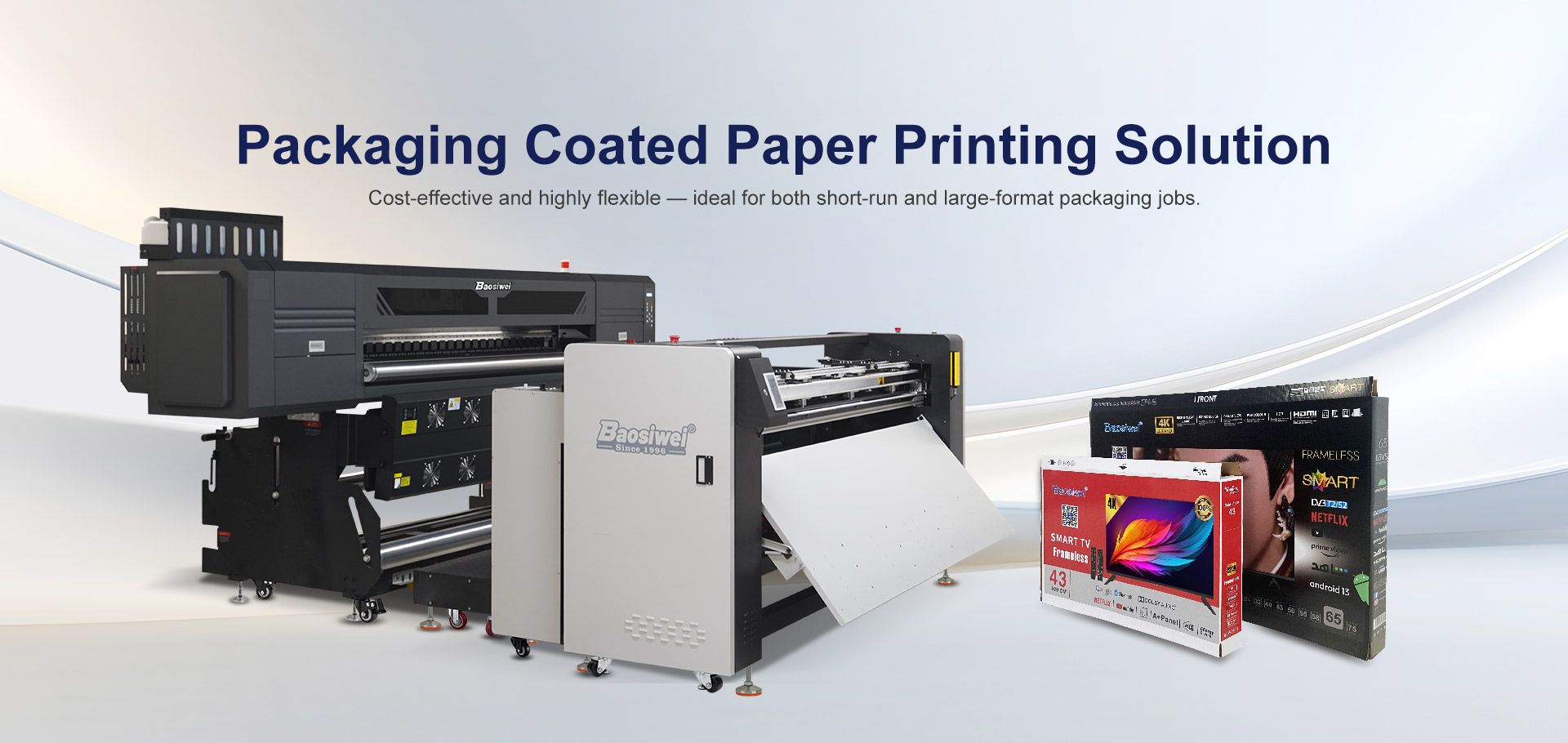 Baosiwei coated paper digital packaging printer for box and label printing, no plate-making, no ink smearing, supports small and large batch orders.