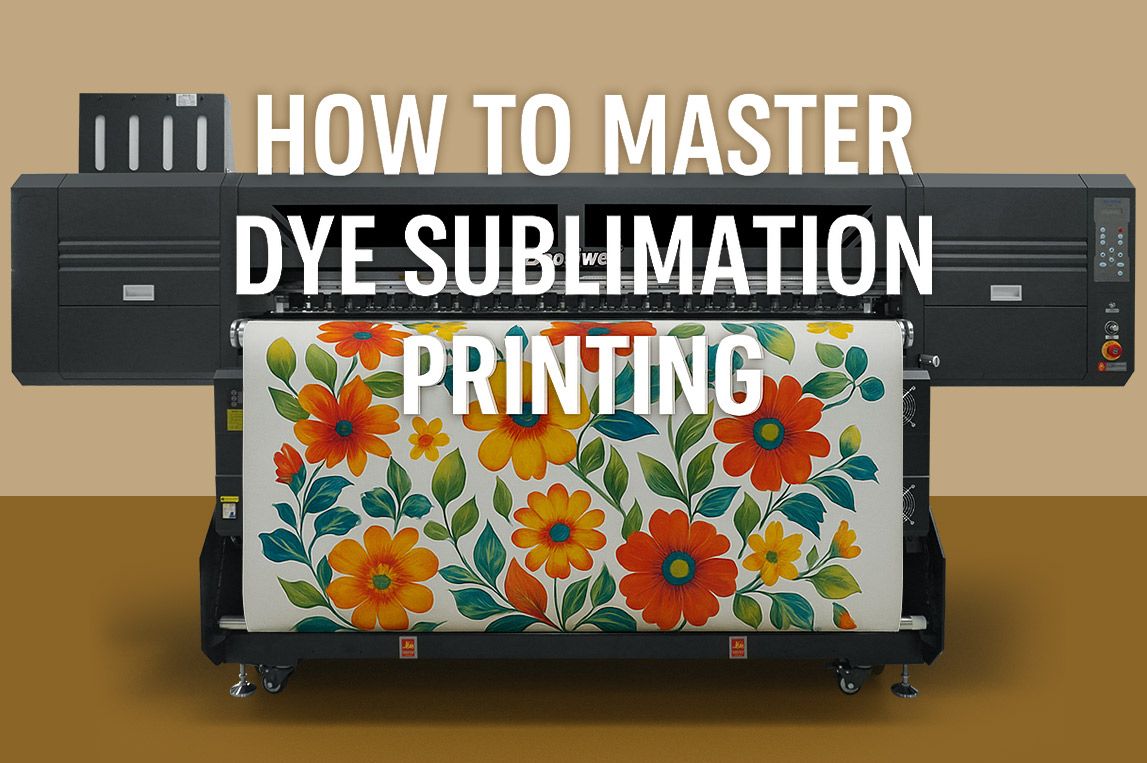 Dye sublimation printing tutorial cover image featuring a Baosiwei printer outputting vibrant floral textile patterns.