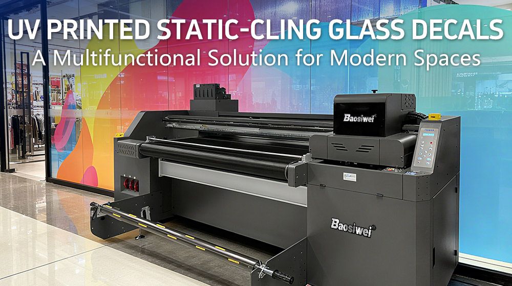 Custom UV printed static-cling glass decals for office windows and modern interior decoration, high-resolution removable window graphics produced by UV digital printing technology