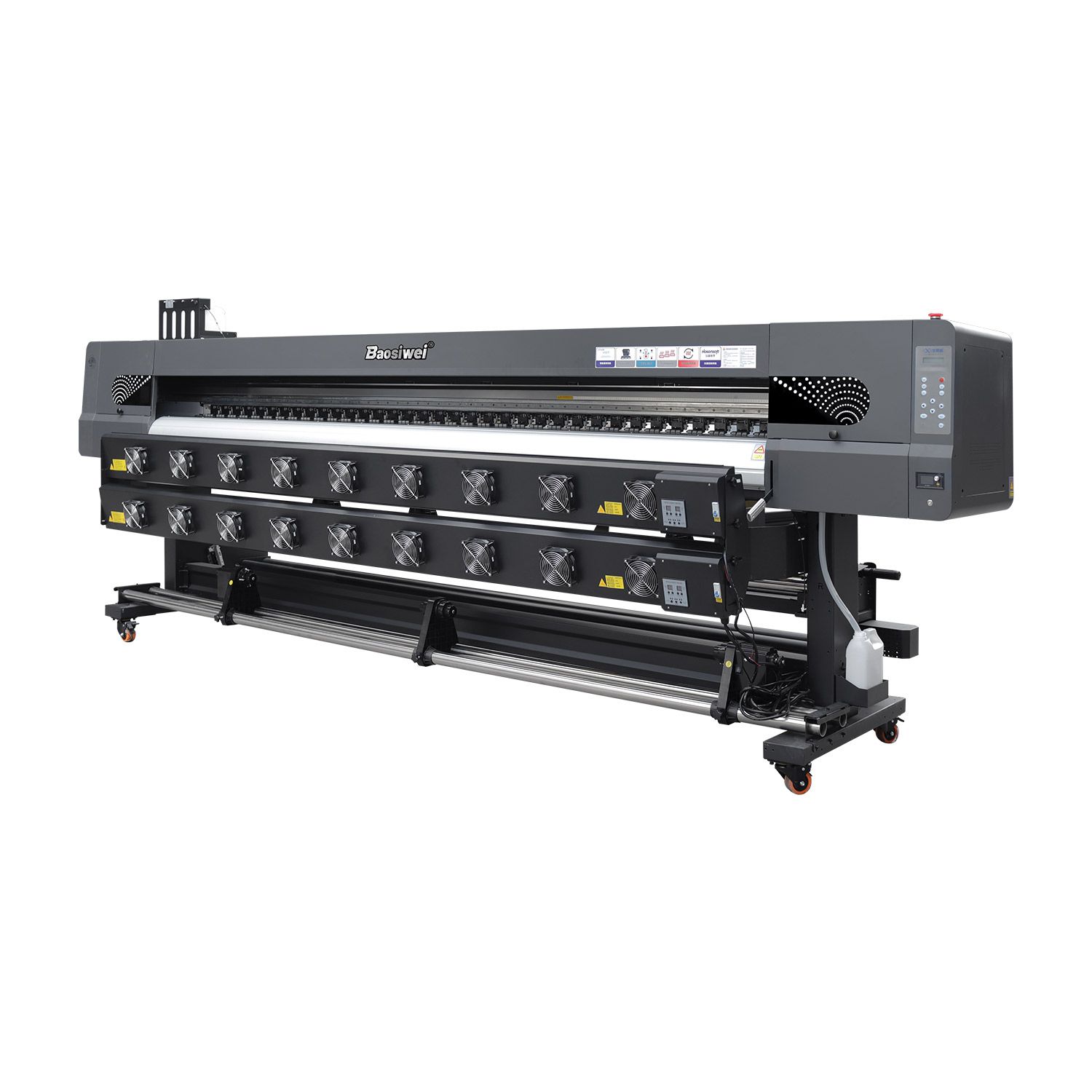 Front view of Baosiwei 3.2m eco solvent printer with dual-row drying fans and industrial-grade structure, ideal for wide-format advertising material printing.