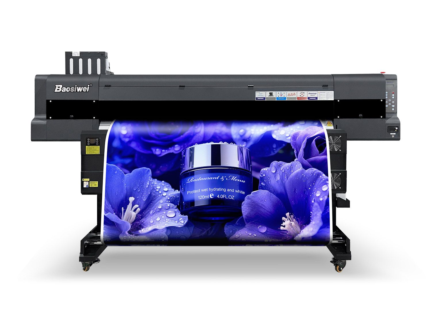 Baosiwei 1.8m 4-Color Eco-Solvent Printer front view, featuring 4 i3200-E1/A1 printheads for stable and high-speed production