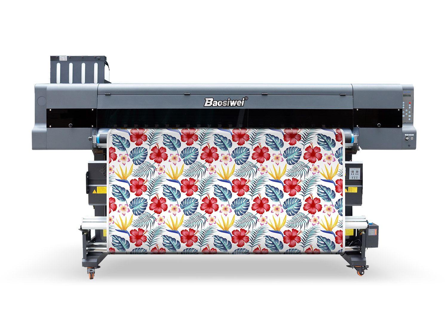 Front view of Baosiwei 4-Head High-Speed Dye Sublimation Printer, equipped with dual feeding and take-up system for wide-format textile printing.