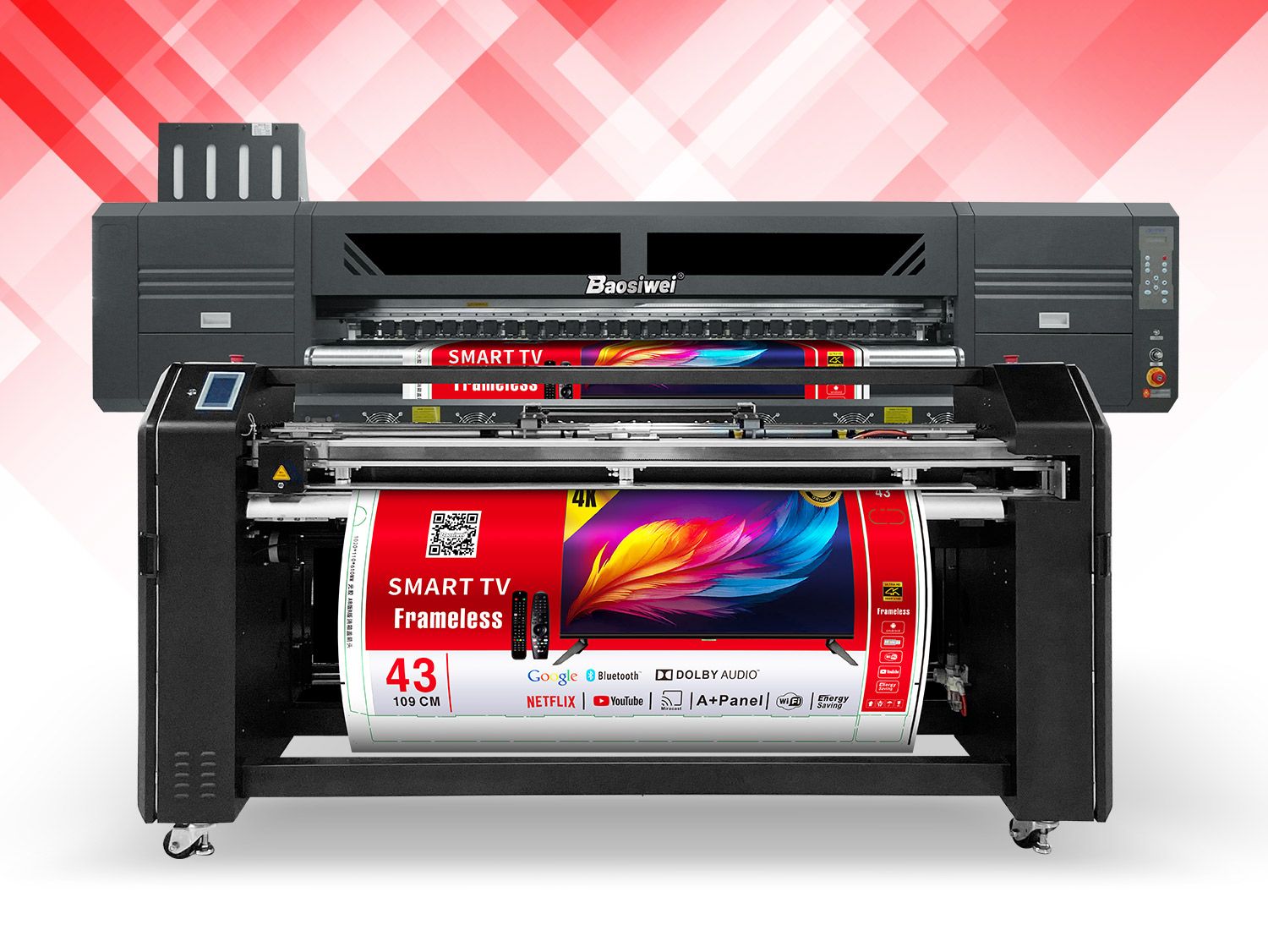 Front view of Baosiwei 1.9m coated paper printer highlighting high printing resolution and color vibrancy