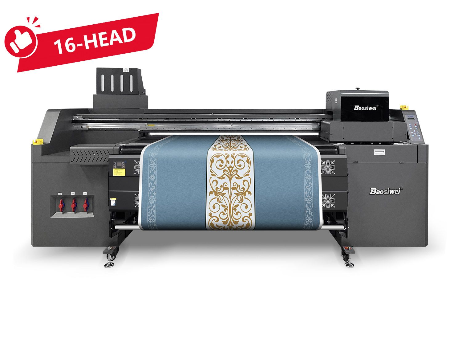 Mặt trước của máy in lai Baosiwei JW-1916 ECO, được trang bị 16 đầu in Epson i3200, sử dụng công nghệ in dung môi sinh thái để sản xuất khăn trải bàn tốc độ cao.