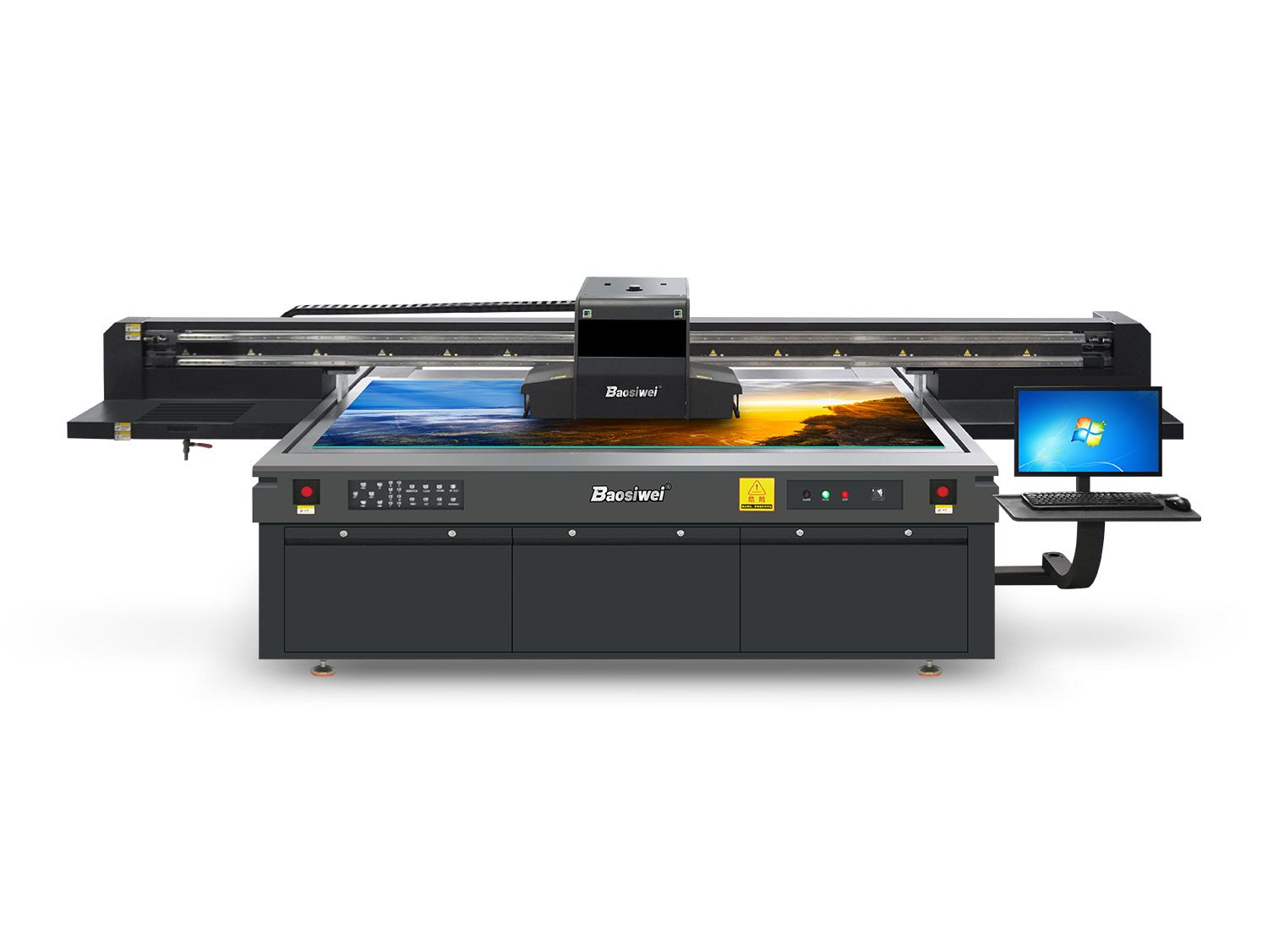 Front view of Baosiwei JW-2513M UV flatbed printer for industrial large-format printing