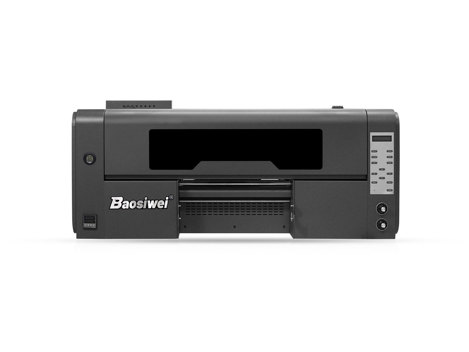 Baosiwei 30cm水晶标UV DTF打印机正面图，外观紧凑，操作面板简洁，适合小批量高精度标签输出。