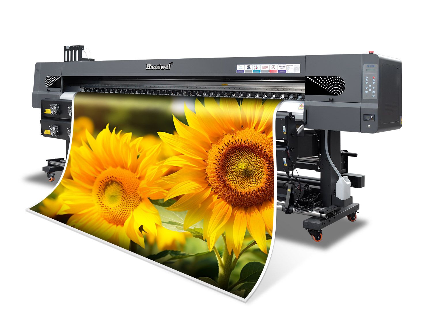 Front view of Baosiwei JW-3204 eco solvent printer with dual-fan dryer and 3.2m print width