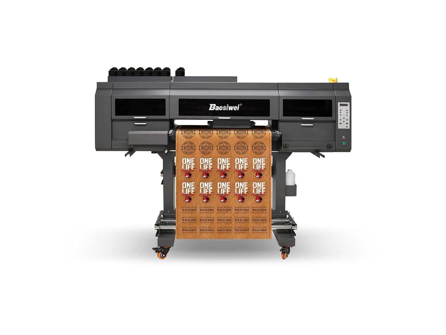 Front view of Baosiwei 80cm UV hybrid printer, ideal for high-precision printing on leather and garment accessories