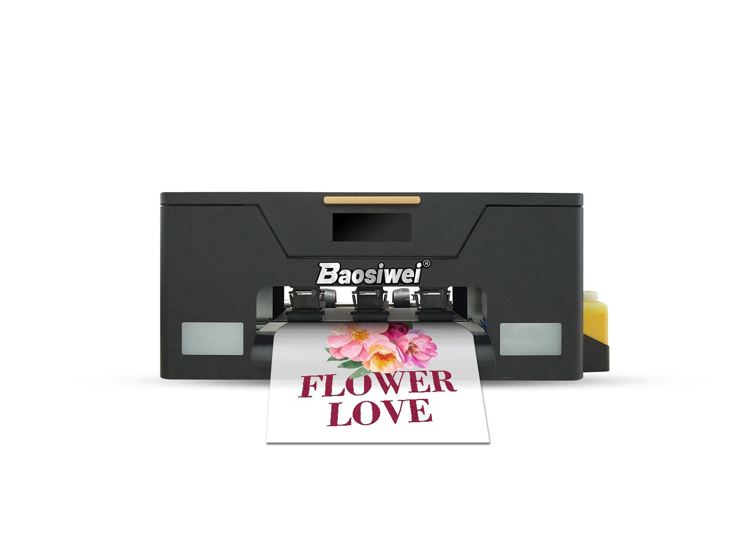 Baosiwei desktop A3 DTF printer front view, designed for high-quality customized T-shirt printing with vibrant color output
