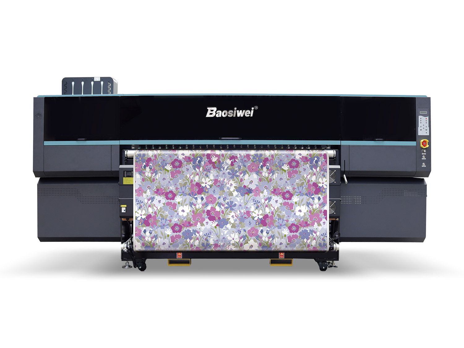 Baosiwei 1.9m 16-head high-speed industrial dye sublimation printer with powerful dryer system, ideal for large-scale textile printing.