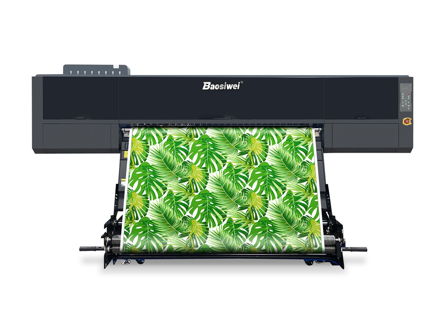 Front view of Baosiwei 16-Head High-Speed Dye Sublimation Printer showcasing upgraded industrial design with dual-row powerful drying system.