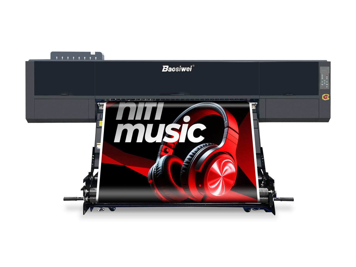 Front view of  Baosiwei 16-head eco solvent printer printing lightbox film and vinyl banner, ideal for high-speed outdoor advertising production.
