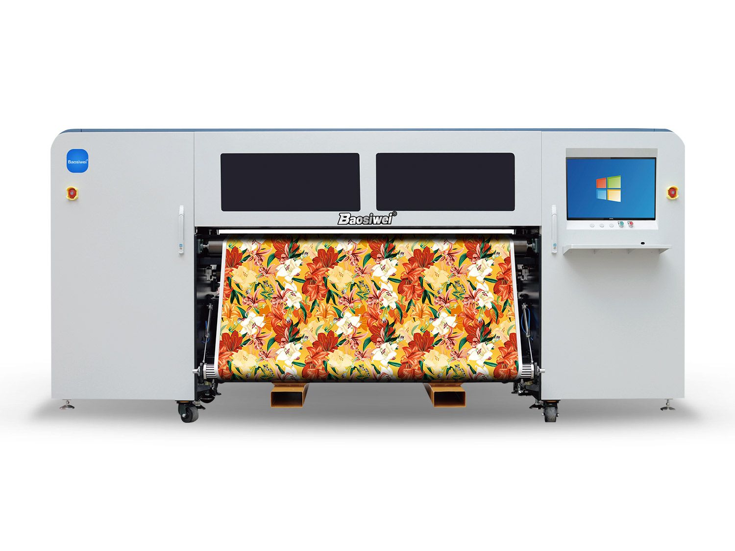 Front view of Baosiwei 1.9m dye sublimation printer printing full-coverage floral pattern on textile fabric