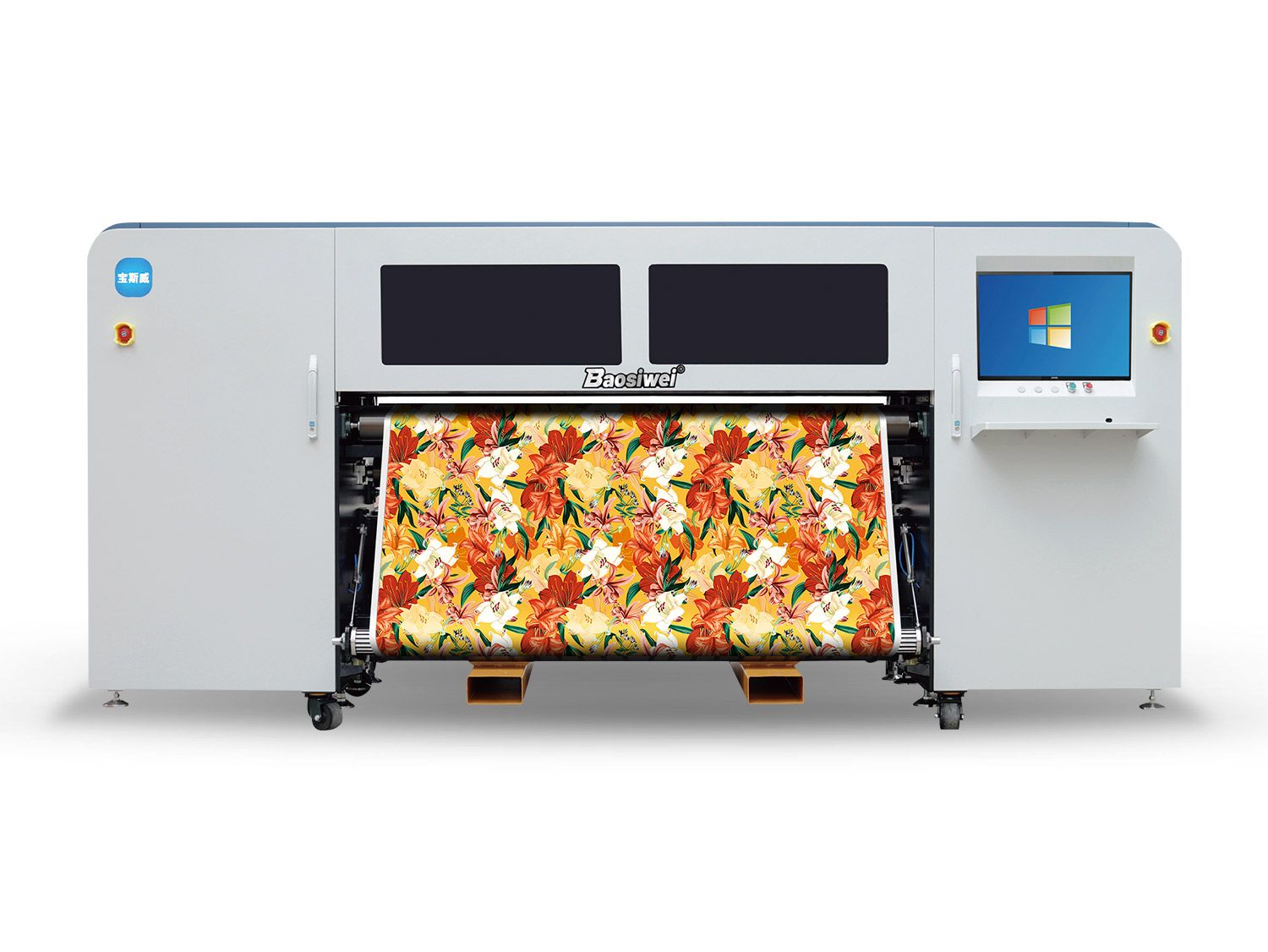 Front view of Baosiwei 1.9m dye sublimation printer printing full-coverage floral pattern on textile fabric