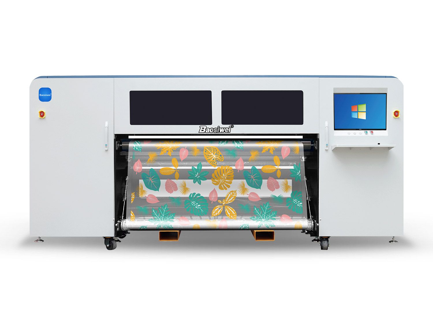 Front view of Baosiwei 16-head PET film eco-solvent roll-to-roll printer, printing colorful tablecloth patterns
