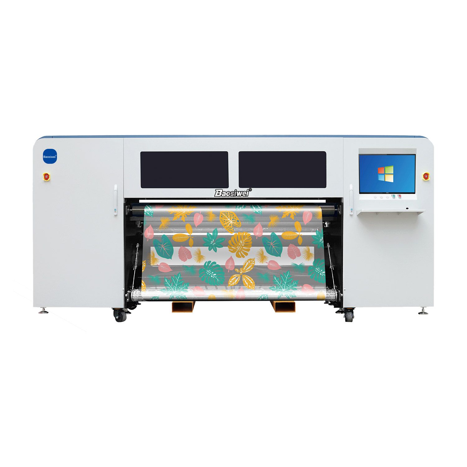 Front view of Baosiwei 16-head PET film eco-solvent roll-to-roll printer, printing colorful tablecloth patterns