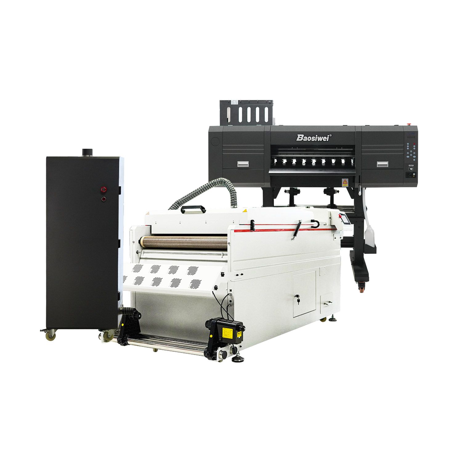  Baosiwei 24 Inch DTF Printer with 4pcs i3200-A1 printheads working in sync with an integrated dryer for seamless production