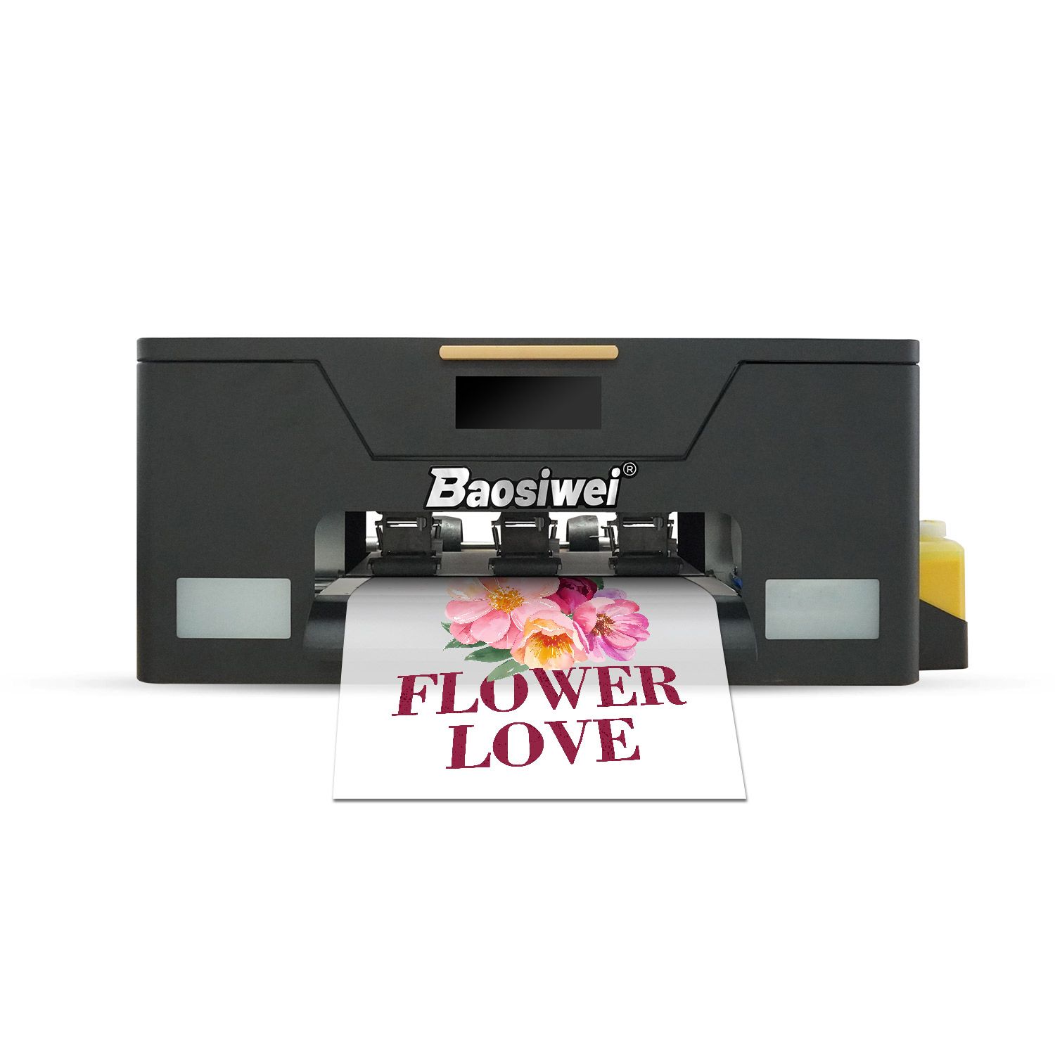 Baosiwei desktop A3 DTF printer front view, designed for high-quality customized T-shirt printing with vibrant color output
