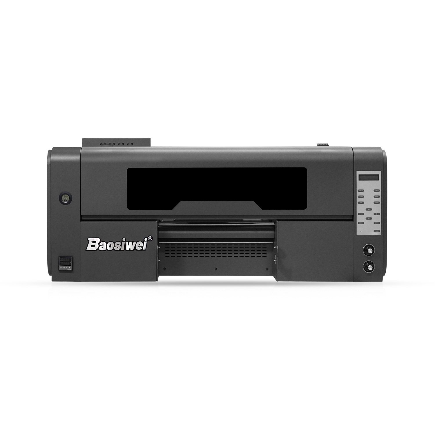 Front view of the Baosiwei 30cm Crystal Label UV DTF Printer, showcasing its compact design and user-friendly control panel for efficient label production.