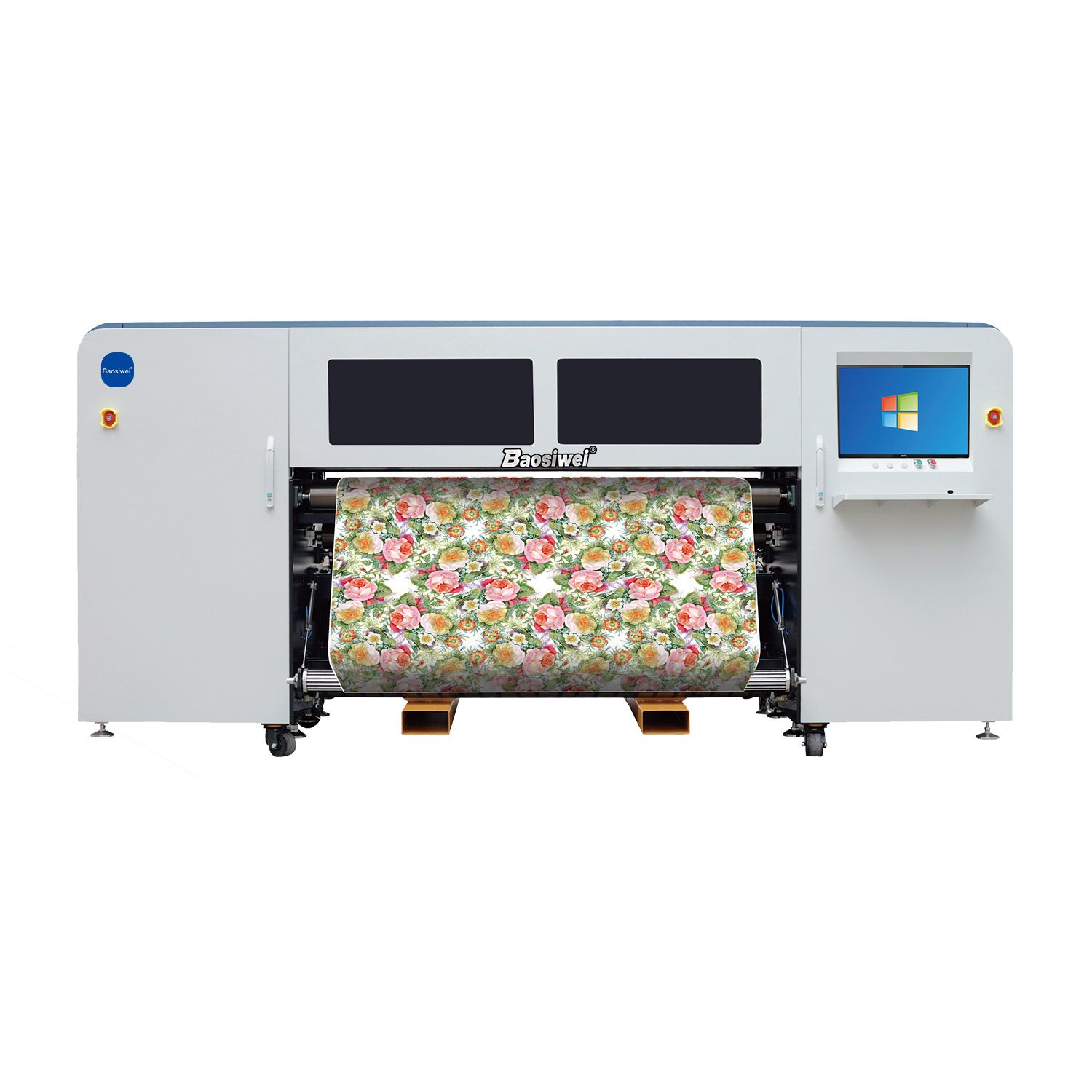 Front view of Baosiwei 1.9m dye sublimation printer printing full-coverage floral pattern on textile fabric
