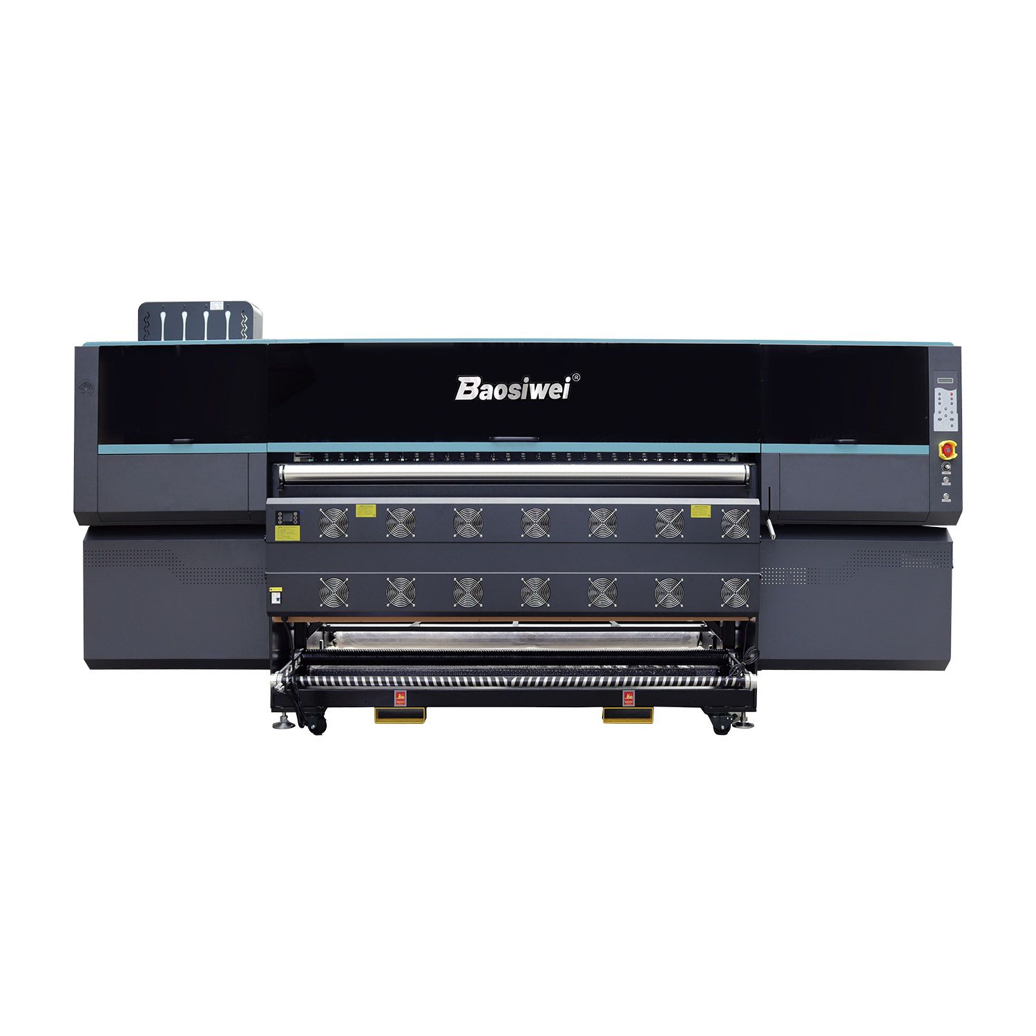 Baosiwei 1.9m 16-head high-speed industrial dye sublimation printer with powerful dryer system, ideal for large-scale textile printing.