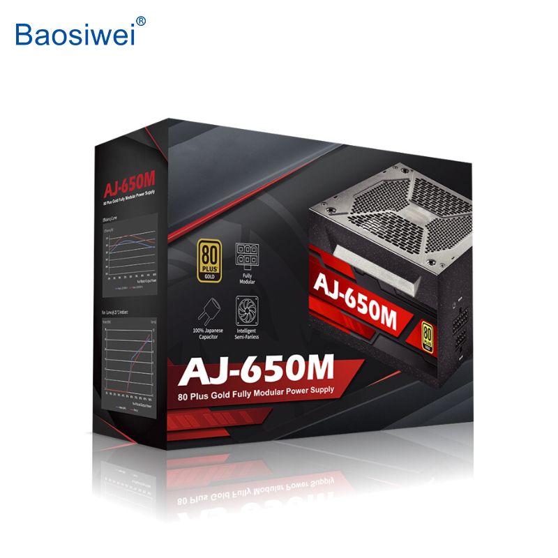 Printed packaging box for computer power supply (AJ-650M), showcasing clear graphics and premium color finish.