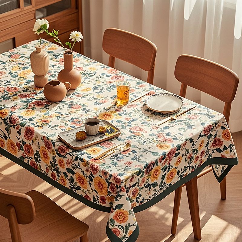 Colorful printed tablecloth displayed on a dining table in a cozy home setting, with vivid and detailed patterns