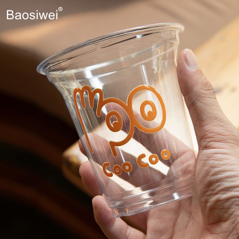 High-quality crystal label applied on a clear plastic cup using the Baosiwei 30cm UV DTF printer, demonstrating smooth adhesion and vibrant metallic effect.