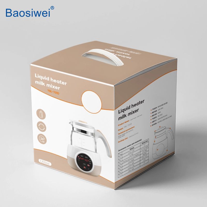 Printed packaging box for liquid heater milk mixer, showing clean layout and fine detail printing on kraft board.