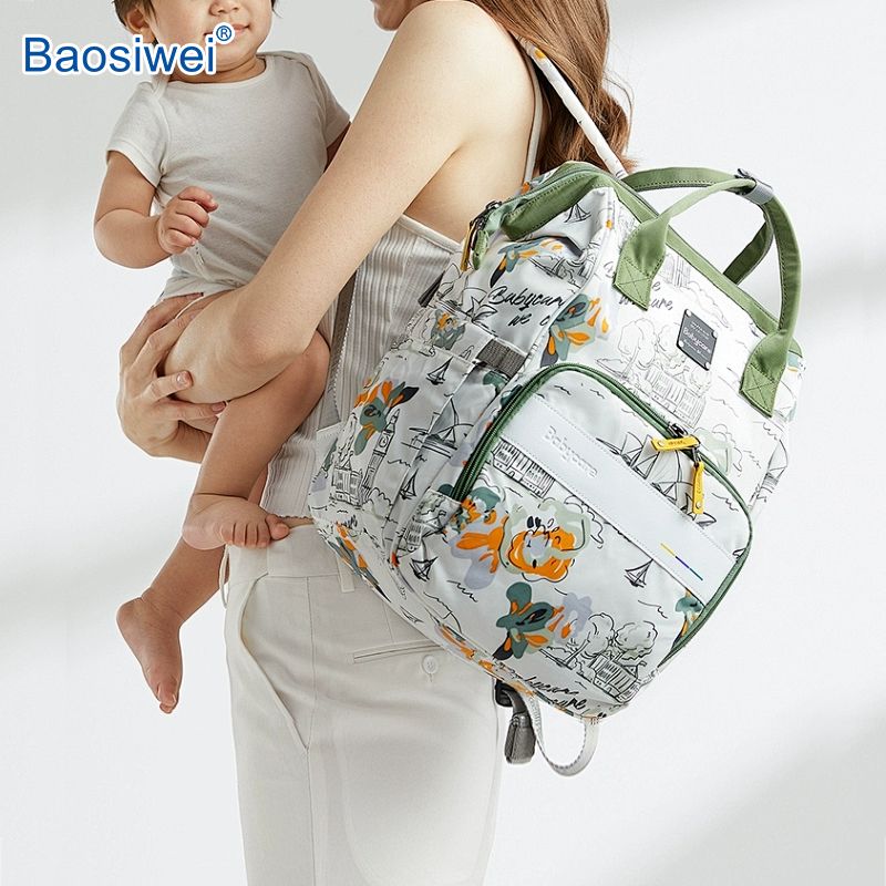 Custom-printed mommy backpack using Baosiwei sublimation printing, waterproof and fade-resistant, suitable for bag and baby product manufacturers.