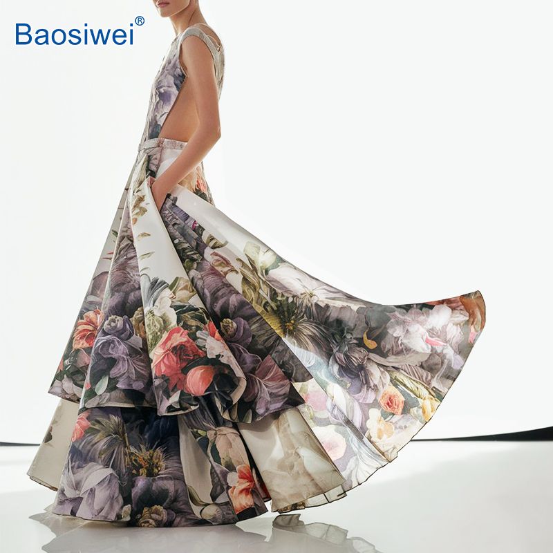 Digitally printed dress using Baosiwei sublimation printer, showcasing fine color detail and large floral patterns