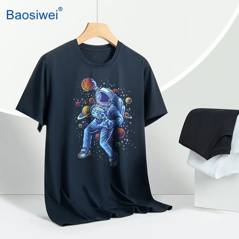 Baosiwei A3 DTF Printer Custom T-Shirt Printing – Vibrant astronaut design on a black cotton shirt.
