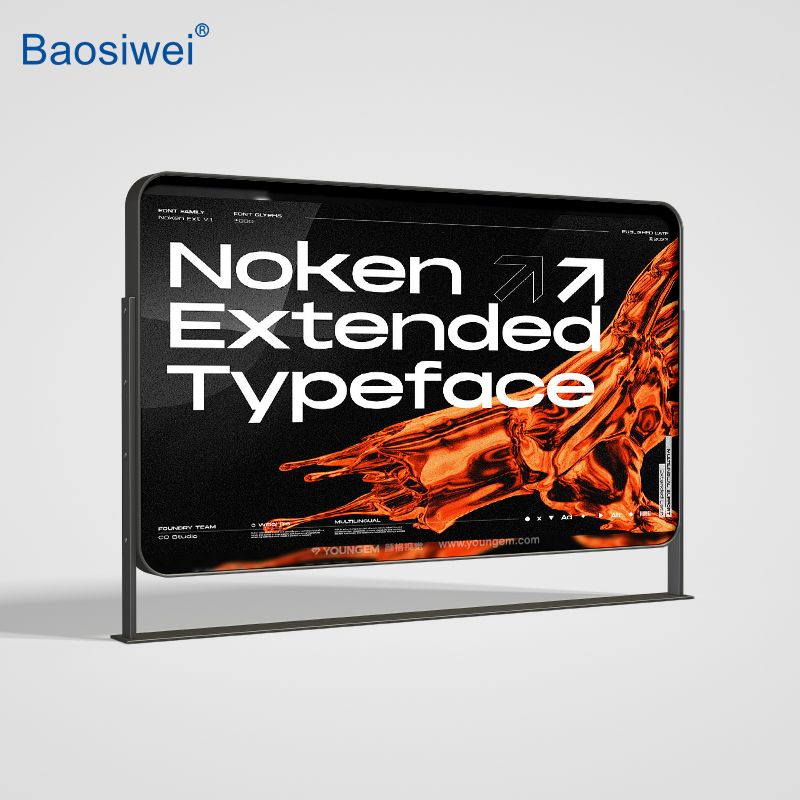 Advertising billboard printed with Noken Extended Typeface on blueback paper with bold contrast.