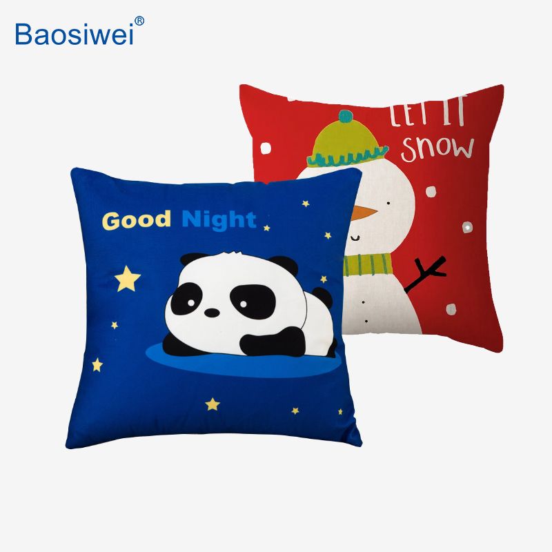 Custom Printed Pillow Covers – High-quality direct-to-film transfers on fabric, featuring cute panda and holiday snowman designs.