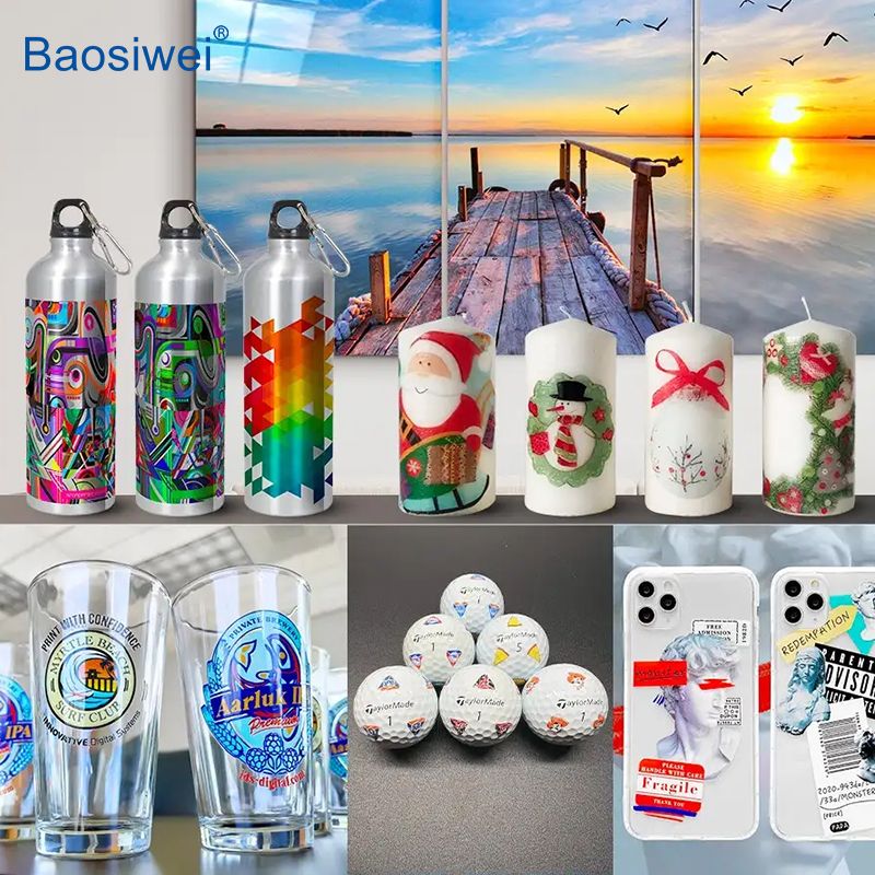 Various product surfaces including bottles, candles, glassware, and phone cases decorated with high-definition crystal labels printed by Baosiwei 30cm UV DTF printer.