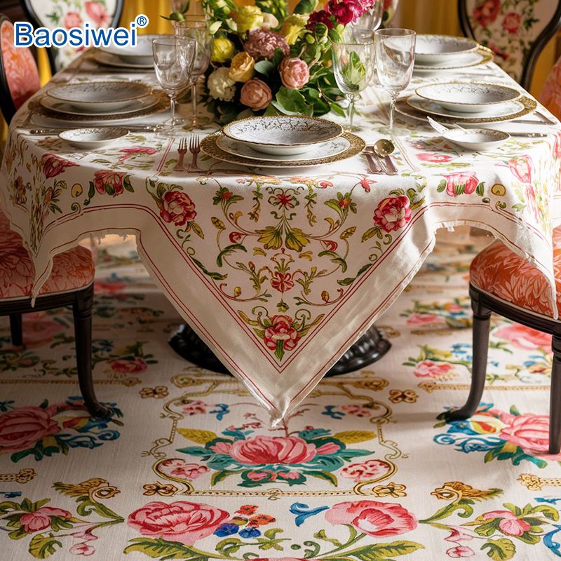 High-precision digitally printed tablecloth with intricate floral patterns, suitable for home decor applications